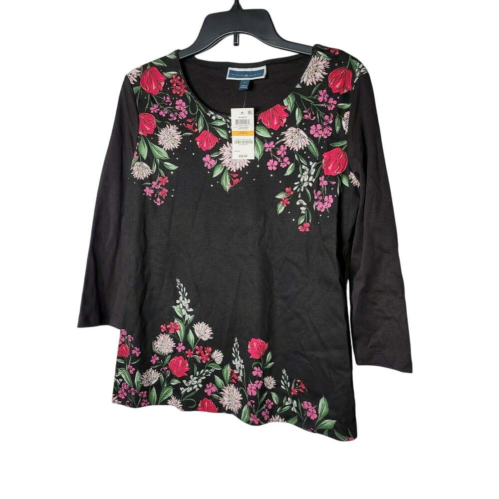 Karen Scott Floral T-Shirt Knit Top 3/4 Sleeve size SMALL